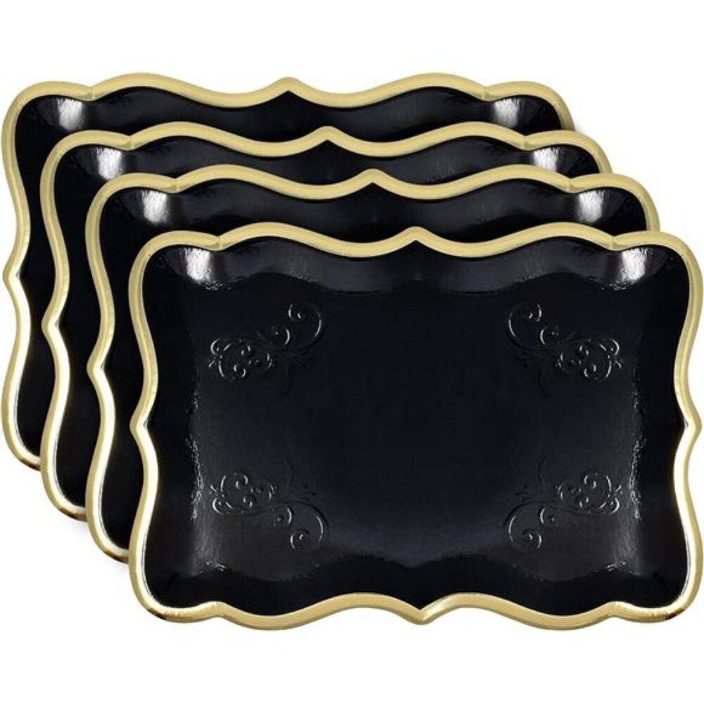 10 Black Rectangle Trays with Gold Rim Border for Dessert Display 9" X 13"